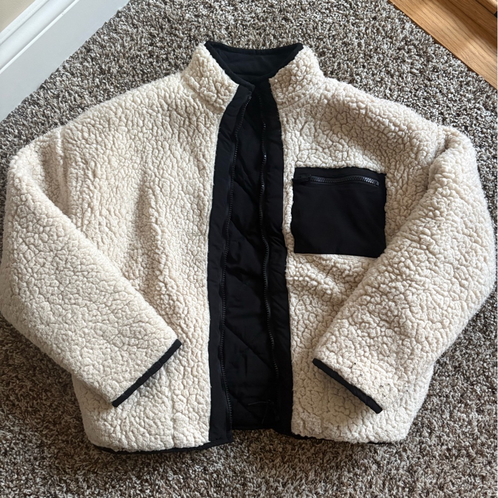 Vicci Collection Cream Sherpa Zip-Up Jacket with Black Trim